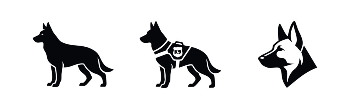 K9 police dog and German Shepherd icons set. Service dog, security, and animal symbols.