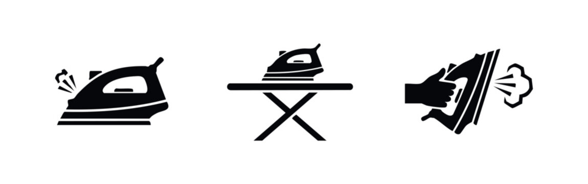 Set of ironing icons: steam iron, iron on board, and hand ironing. Laundry concept.