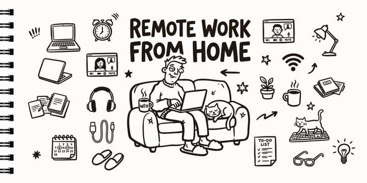 Remote Work From Home Hand Drawn Doodle Set With Freelancer On Sofa And Office Icons