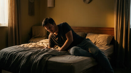 Fototapeta premium Man Experiencing Severe Abdominal Pain While Lying On The Bed At Home