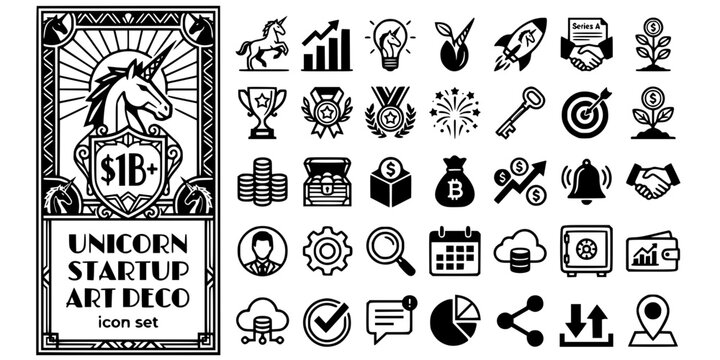 Unicorn Startup Art Deco Black White-Horn Sunburst Billion Crest Border-Achievement Vector-Unicorn Icon Art Deco-Startup Design Set