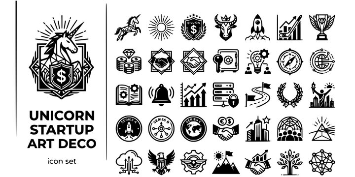 Unicorn Startup Art Deco Black White-Horn Sunburst Billion Crest Border-Achievement Vector-Unicorn Icon Art Deco-Startup Design Set