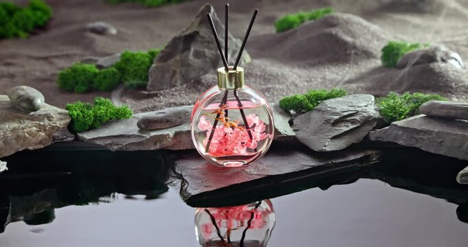Intense fragrance diffuser on black stones illuminated by moonlight.