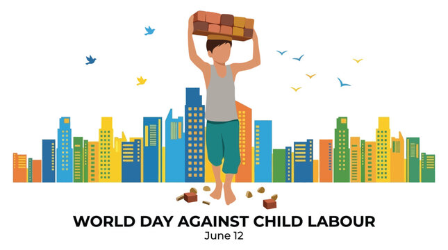 child carrying bricks vector illustration load cityscape