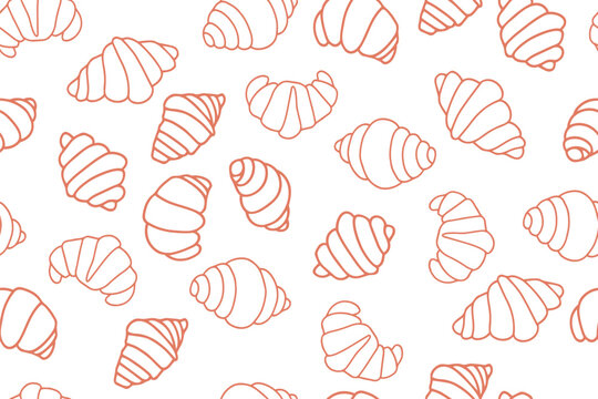 Beige white doodle seamless pattern with croissants. Adorable repeat pattern with sketch food for breakfast and coffee time, for bakery and restaurant wrapping paper or kitchen home textile