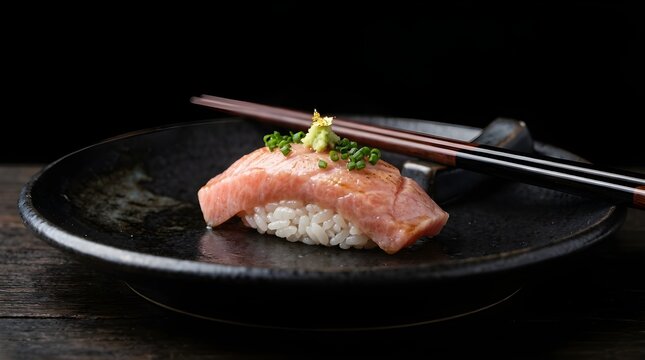 A single piece of torched aburi salmon nigiri sushi with light garnishment, presented on a dark plate with chopsticks resting on the side.