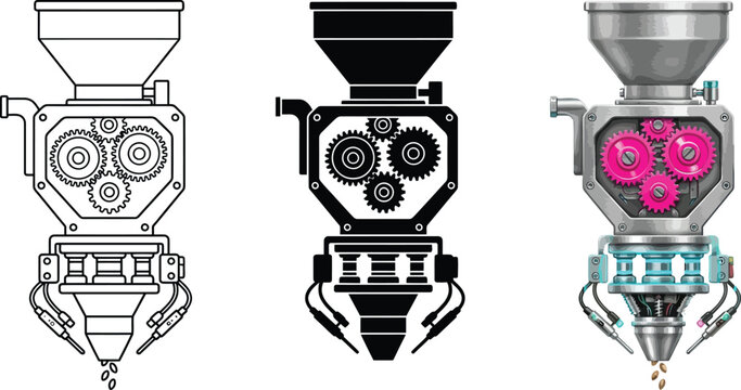 Futuristic robotic seed planter or dispenser machine with detailed gears and a claw mechanism perfect for agriculture technology and automat
