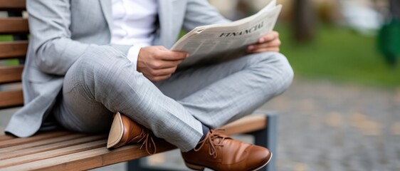 Fototapeta premium A well-dressed businessman sits comfortably on a park bench while reading a newspaper, portraying a sophisticated blend of leisure and business in a serene outdoor atmosphere.