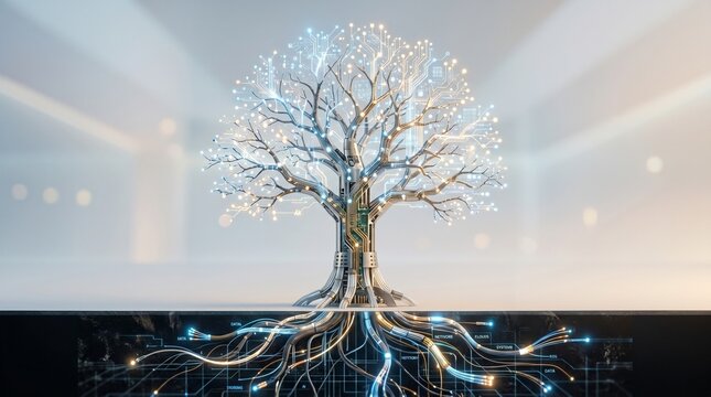 Digital network tree symbolizing advanced technology and deep roots of innovation