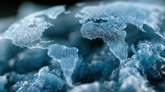 abstract artwork with translucent global map over melting arctic, human civilization data grids interacting with fragile ice structures, symbolizing environmental system conflict, in futuristic cgi