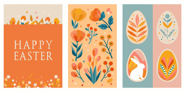 set of four vertical easter greeting cards with floral designs flowers eggs