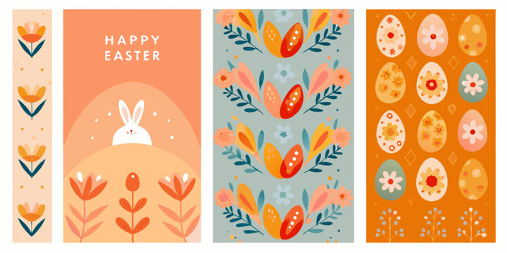 set of four vertical easter greeting cards with colorful illustrations rabbit eggs