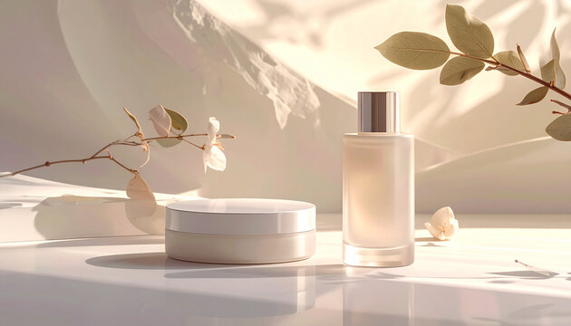 Elegant skincare products with leaf decor