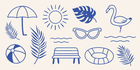 summer vacation doodles in blue sketch style umbrella sun leaf flamingo sunglasses © Apurba