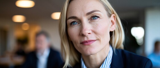 Obraz premium A poised woman gazes thoughtfully in a modern office setting, exuding confidence and sophistication, symbolizing empowerment in the workplace and professional success.