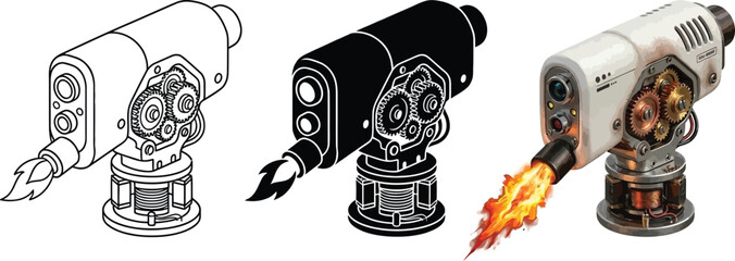 Set of isometric steampunk rocket launcher illustrations featuring detailed line art silhouette and colored versions with fiery exhaust idea © Ahmad