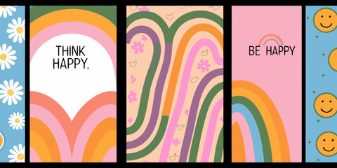 Obraz premium set of four vertical posters in retro 70s style daisies flowers smiley