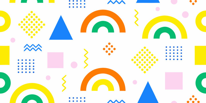 scattered geometric shapes colorful seamless pattern triangle circle square arc dot zigzag
