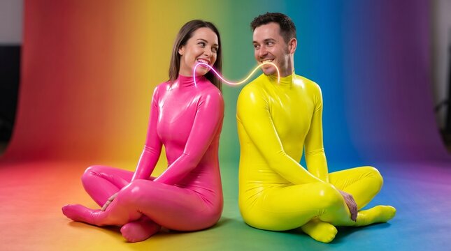 Couple in hot pink & electric yellow latex, sitting back to back, looking over shoulders at each other