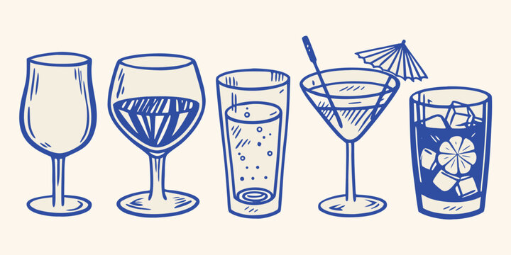 set of five hand drawn cocktail glasses in blue line art illustration
