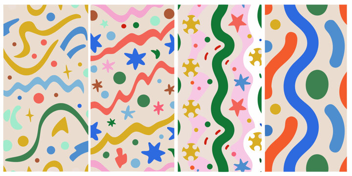 set of four colorful vector patterns with abstract shapes designs seamless geometric