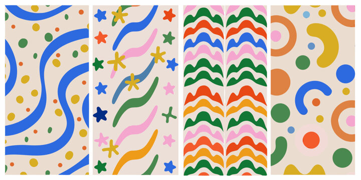 set of four colorful vector patterns on beige background abstract designs geometric
