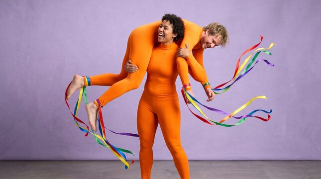  Person being lifted in playful fireman&rsquo;s carry (fully clothed), both laughing, colorful trailing ribbons
