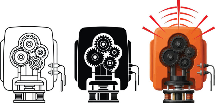 Set of three mechanical devices with visible gears showcasing line art silhouette and an alert signal ideal for engineering and technology c