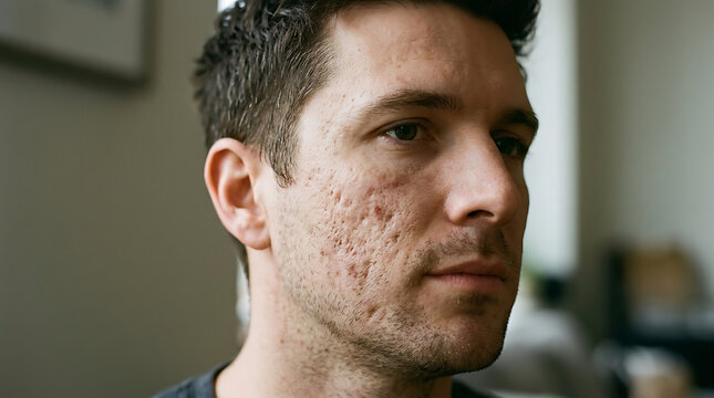 Close-up portrait of a man with acne scars on his face, showing skin texture and imperfections