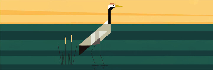 Fototapeta premium Minimalist geometric crane bird illustration in teal wetland lake at sunset, modern flat vector wildlife art background