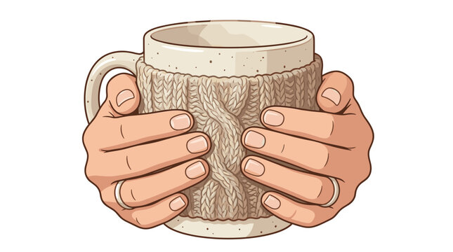 Hands holding a warm mug with a knitted cozy, symbolizing comfort and seasonal change Silhouette Seasonal Change Concept 2D Vector Illustration