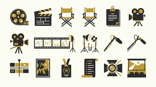 Comprehensive collection of film production icons and cinema equipment for creative projects