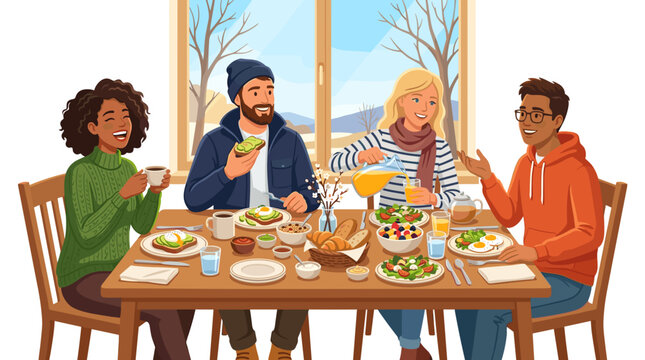 Friends Enjoying a Cozy Winter Brunch Together Indoors with a View of Snow-Covered Trees Silhouette Seasonal Change Concept 2D Vector Illustration