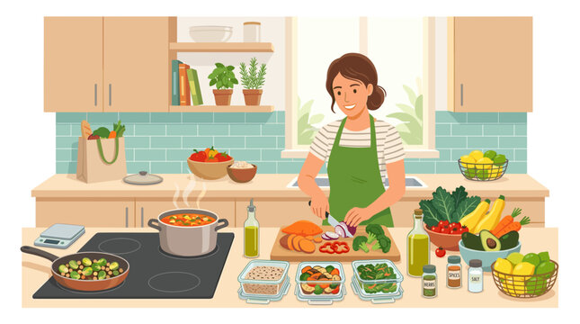 Woman preparing healthy food in a modern kitchen with fresh vegetables and ingredients Silhouette Seasonal Change Concept 2D Vector Illustration