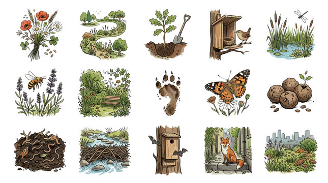 Collage of Illustrations Depicting Nature Gardening Urban Parks and Wildlife Habitats