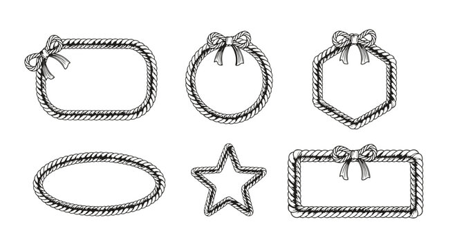 Nautical Rope Frame Set with Bow Knots for Maritime Design Projects; Rustic Vintage Borders for Invitations and Logos