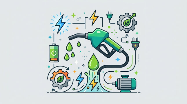 Biofuel and clean energy concept vector illustration with green fuel nozzle, electric battery power, renewable eco technology, and generation symbols