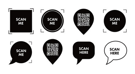 Fototapeta premium QR Code Scan Me Icon Set for Mobile Marketing and Retail Business. Vector labels and call to action stickers for digital customer engagement.