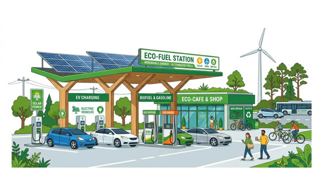Eco friendly fuel station and electric vehicle charging hub vector illustration with solar panels, wind turbine, alternative biofuel pump, and green cafe