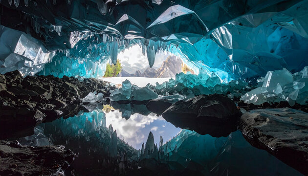 Pantulan gua es dengan pemandangan gunung