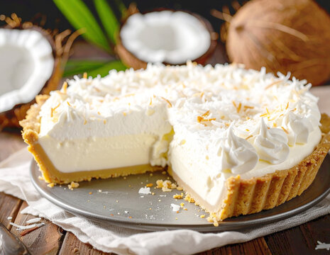 Homemade coconut cream pie, selective focus. AI