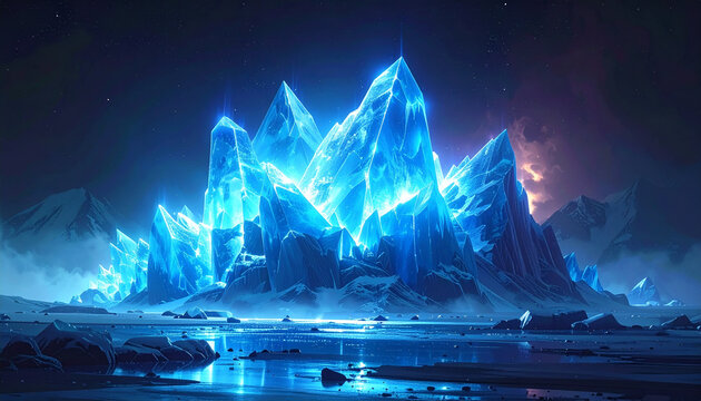 Glowing blue ice crystals in snowy landscape
