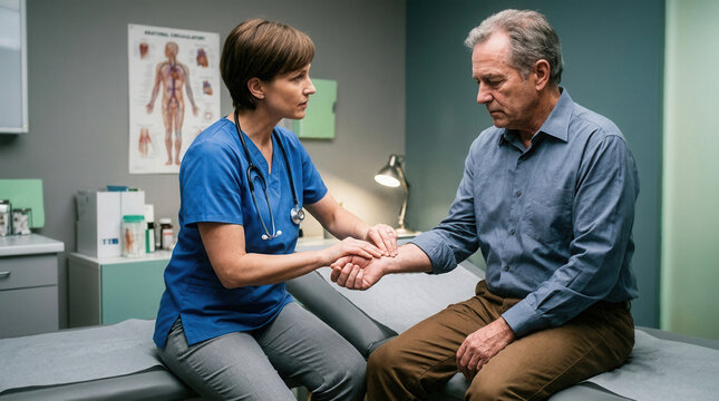 Medical Professional Checking the Pulse of an Elderly Patient During a Consultation