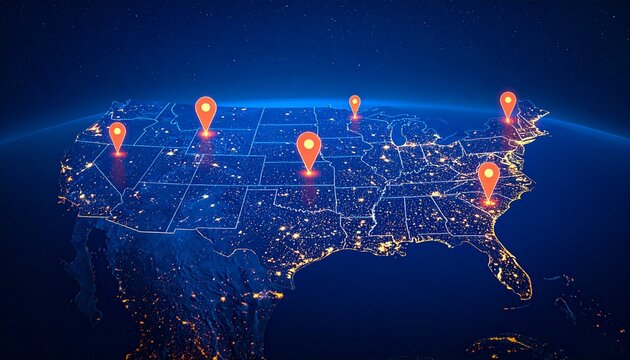 Digital map of United States with glowing blue background, illuminated city lights, and red location markers