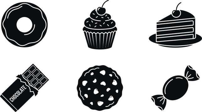 Collection of Sweet Dessert Icons: Donut, Cupcake, Cake Slice, Chocolate Bar, Cookie, Candy