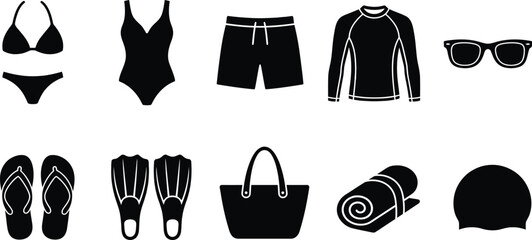Black silhouettes of beachwear and accessories isolated on transparent background © RAC.Design-Magic
