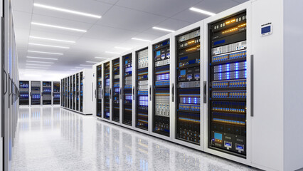 White storage and processing unit, large AI processing server room, data center storage and network processing room, SSD and hard disk drive storage, and processor cooling system,3D rendering © oselote