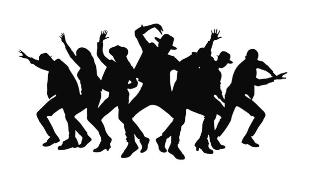 Dancers perform a synchronized routine together with high energy on a plain white isolated backdrop.