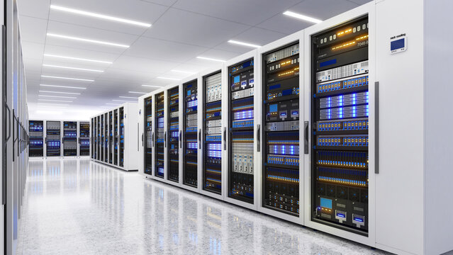 White storage and processing unit, large AI processing server room, data center storage and network processing room, SSD and hard disk drive storage, and processor cooling system,3D rendering