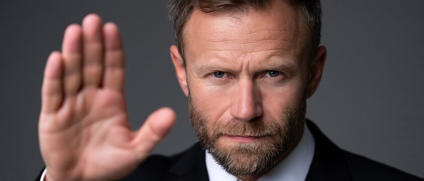 An assertive man in a suit raises his hand as if to command attention, capturing the essence of leadership and confidence in a dramatic portrait.